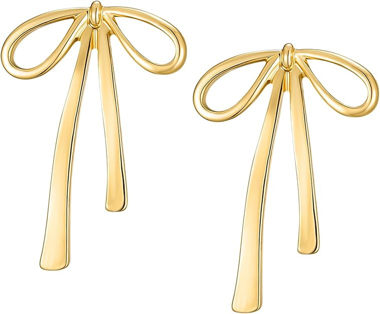 SWEETV Gold/Silver Bow Earrings for Women, 925 Sterling Silver Post Ribbon Knot Stud Earrings Dro... | Amazon (US)