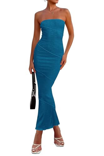 PRETTYGARDEN Women's Sexy Bodycon Sleeveless Strapless Dresses Ribbed Knit Y2k Maxi Dress (Lake Blue,Small) | Amazon (US)