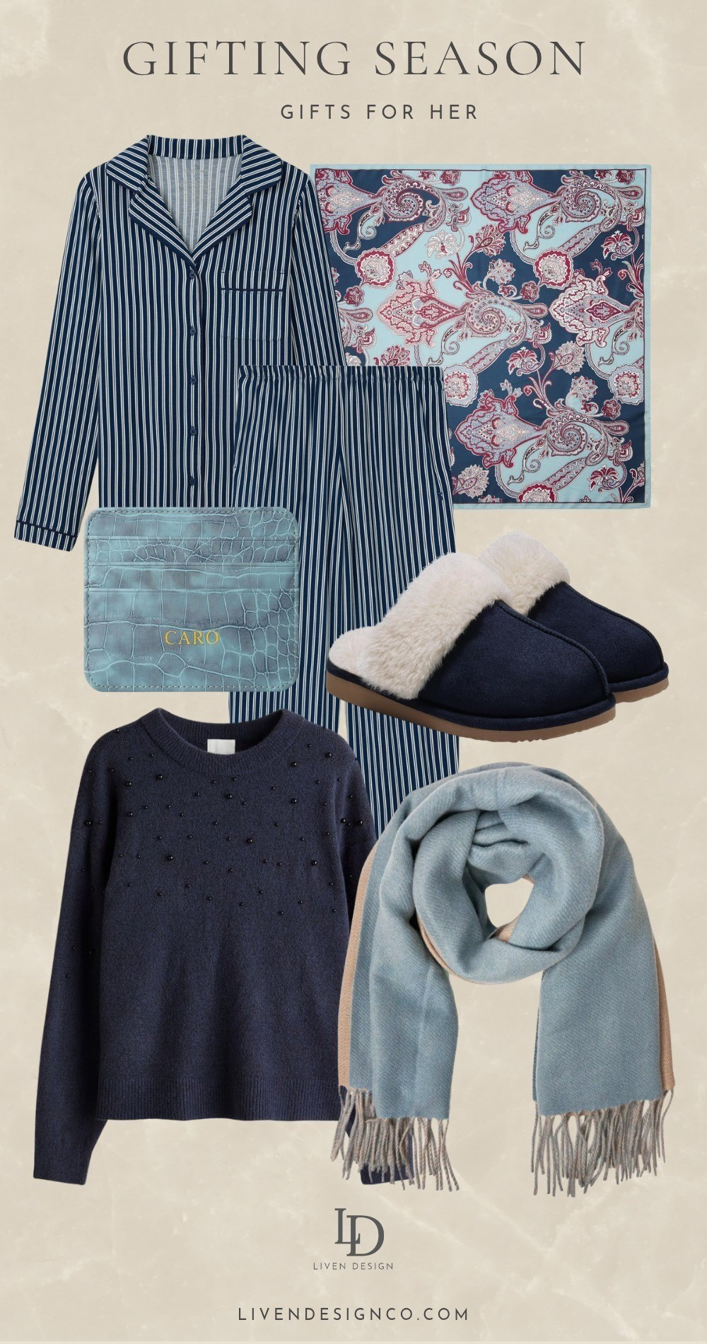 Gift guide for her. Christmas gift. Pajamas. Slippers. Paisley scarf. Navy sweater. Cozy gift. Wool scarf. Cashmere. 

#LTKGiftGuide #LTKSeasonal #LTKFindsUnder50