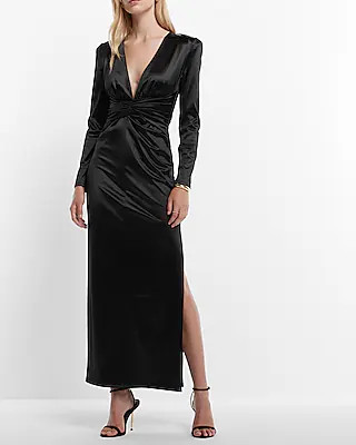 Satin Plunge V-Neck Padded Shoulder Twist Front Maxi Dress | Express