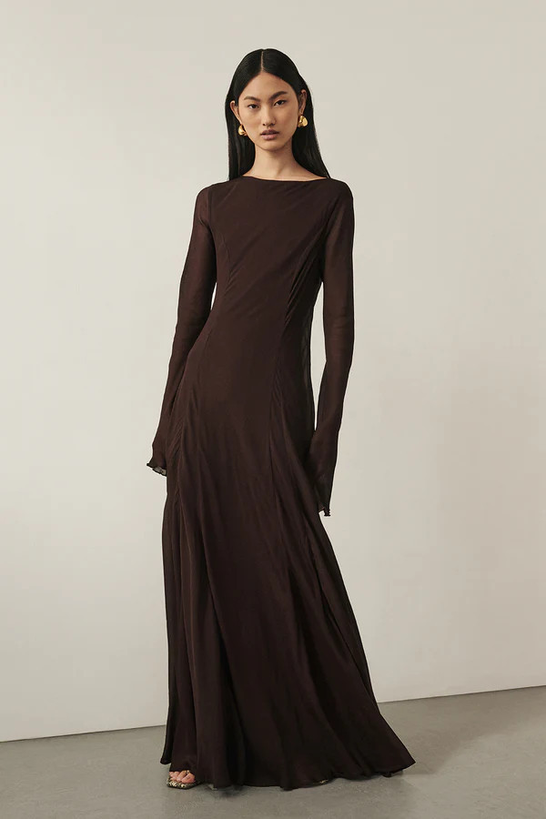 ELODIE DARK CHOC LONG SLEEVE MAXI DRESS | DISSH