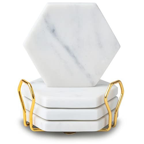 Cork & Mill Marble Coasters Set of 4 - Real Natural Stone Coasters - Neutral White Hexagon Coasters with Gold Holder - Luxury Mid Century Modern Aesthetic - Semi Absorbent Stone Coasters for Drinks | Amazon (US)