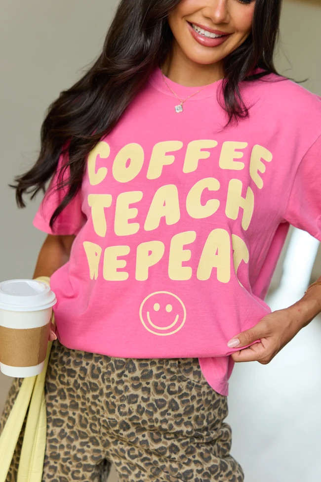 Coffee Teach Repeat Smiley Pink Graphic Tee | Pink Lily