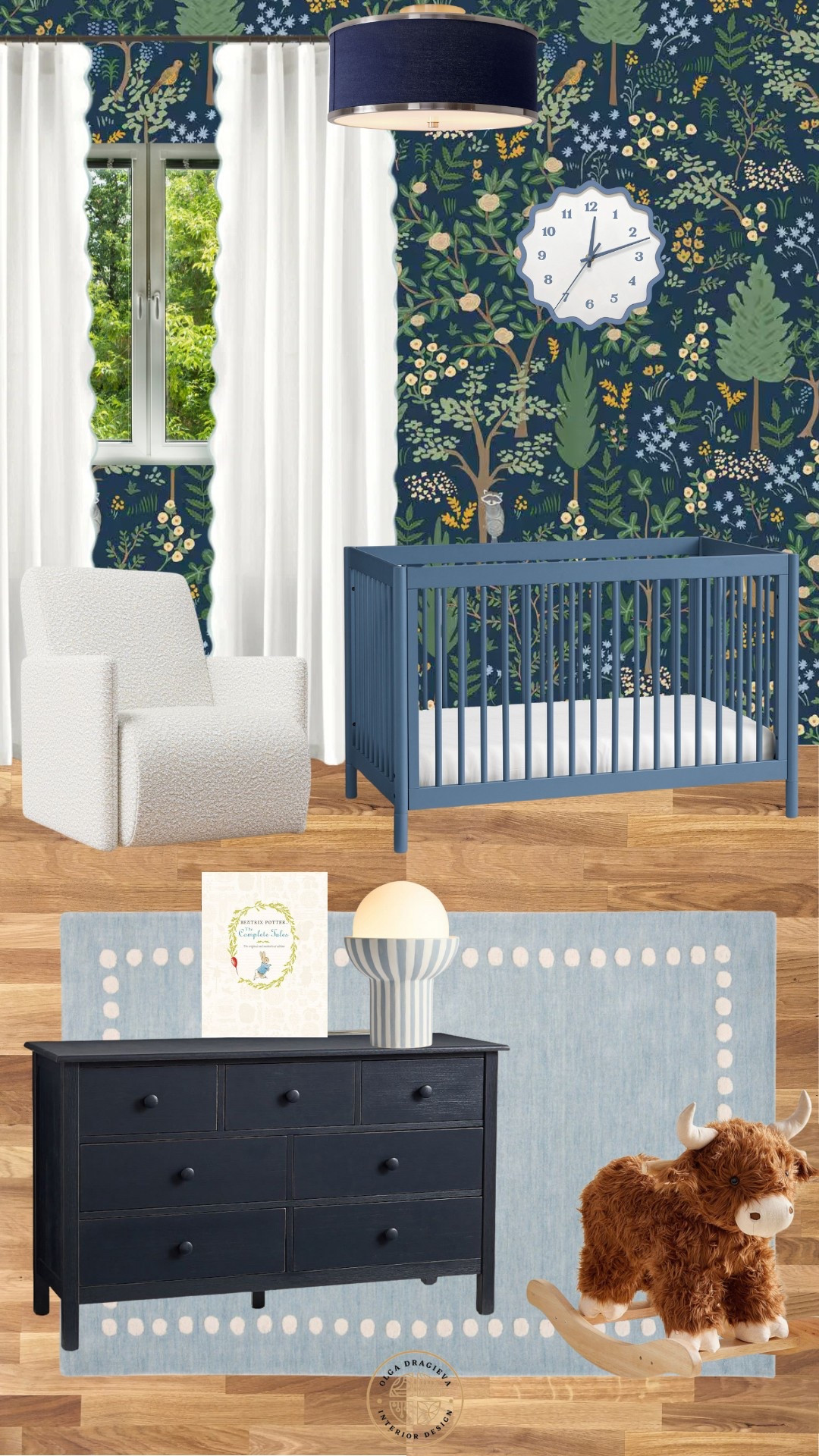 Adorable nursery design! Blue rug, navy blue crib, Boucle rocker, whimsical wallpaper, blue dresser, striped table lamp and scalloped curtains. #nursery #homedecor 

#LTKBaby #LTKBump #LTKHome