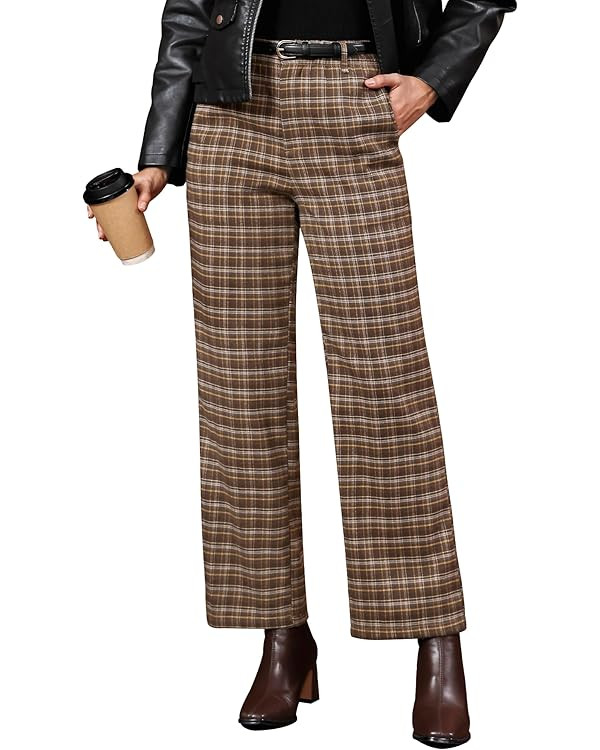 GRAPENT Plaid Pants for Women Wide Leg High Waisted Tartan Work Business Casual Elastic Waist Tro... | Amazon (US)