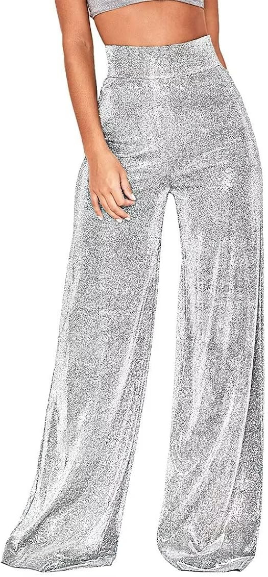 Caqilore Women's Wide Leg Pants Metallic Sparkly High Waist Trousers Clubwear Disco | Amazon (US)