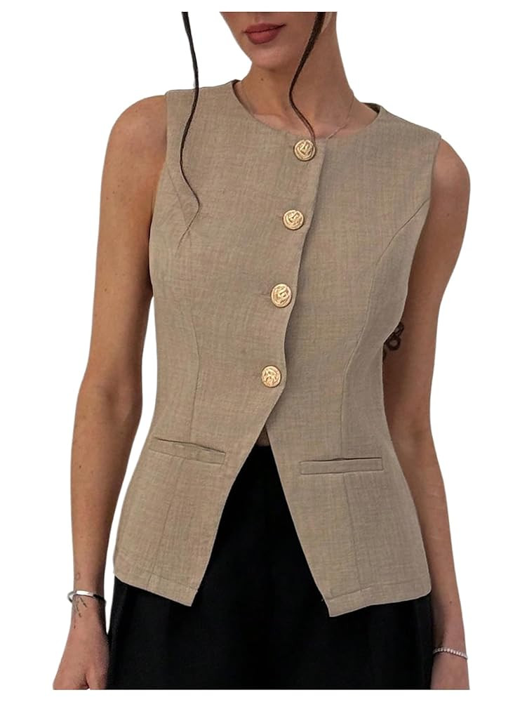 MakeMeChic Women's Vest Top Sleeveless Business Blazer Button Down Dressy Suit Teacher Outfit | Amazon (US)