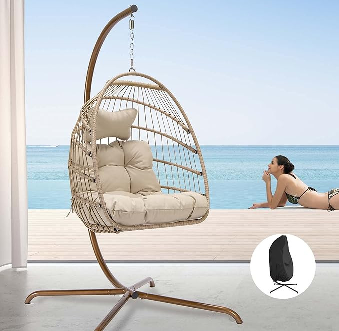 NICESOUL Indoor Outdoor Wicker Hanging Egg Chair with Stand, Cozy Patio Swing Hammock Egg Shell C... | Amazon (US)