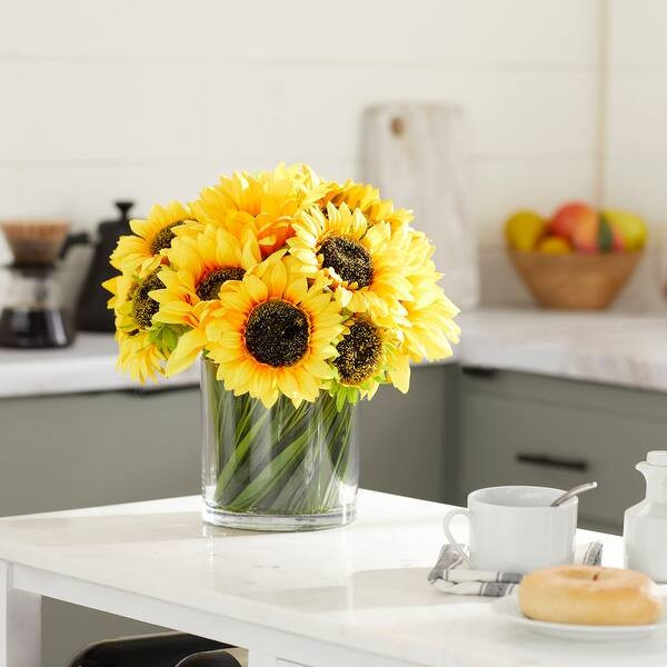 Sunflowers in Glass Vase w Acrylic Water and Grass 14"L x 14"H - 14 x 14 x 14 | Bed Bath & Beyond