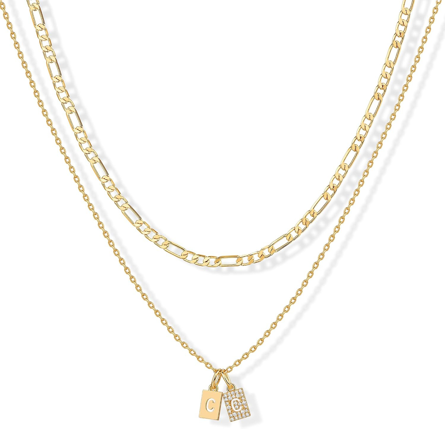 PAVOI Initial Necklace for Women, 14K Gold Plated Double Dog Tag CZ Pendant | Amazon (US)