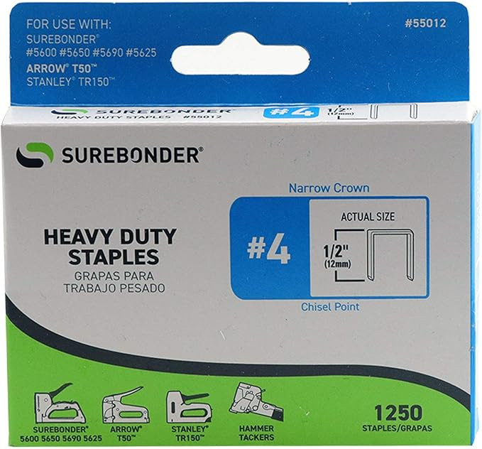 Surebonder 55012 Heavy Duty 1/2-Inch Length Staples, Arrow T50 Type, 1250 Count | Amazon (US)