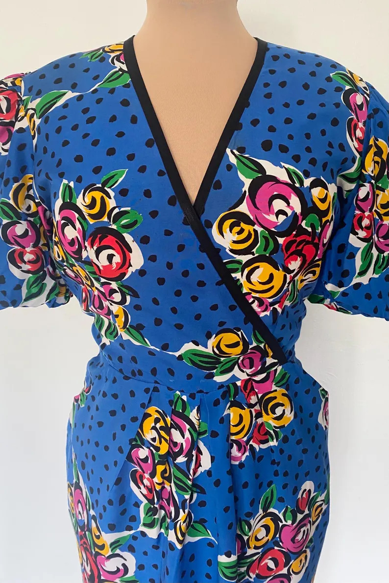 Vintage 80s KWAI Polka Dot Dress *Size 8* Blue Bold Floral Pop Art Faux Wrap Dress | Etsy (Global)