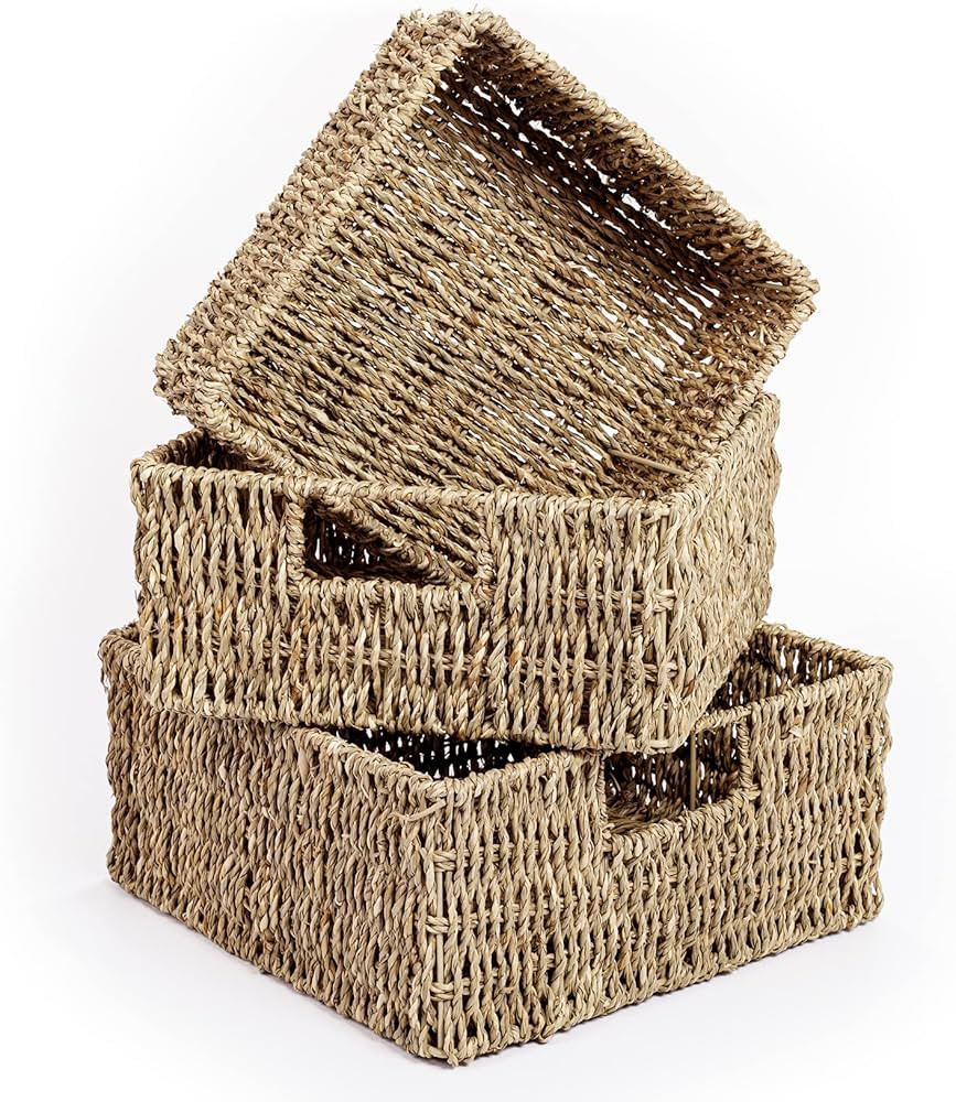 Woodluv Set of 3 Seagrass Square Hamper Shelf Storage Baskets With Inset Handles | Amazon (UK)
