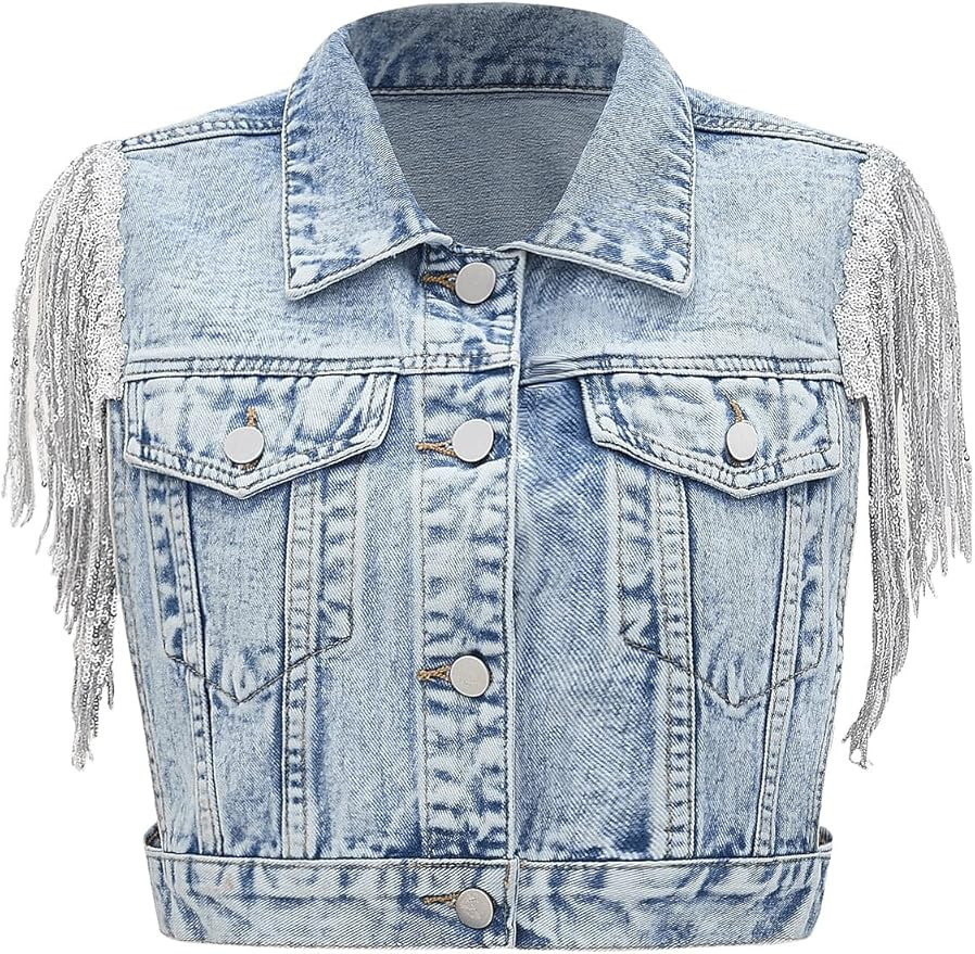 SweatyRocks Women's Fringe Button Down Crop Denim Jacket Sleeveless Collared Jean Coats | Amazon (US)
