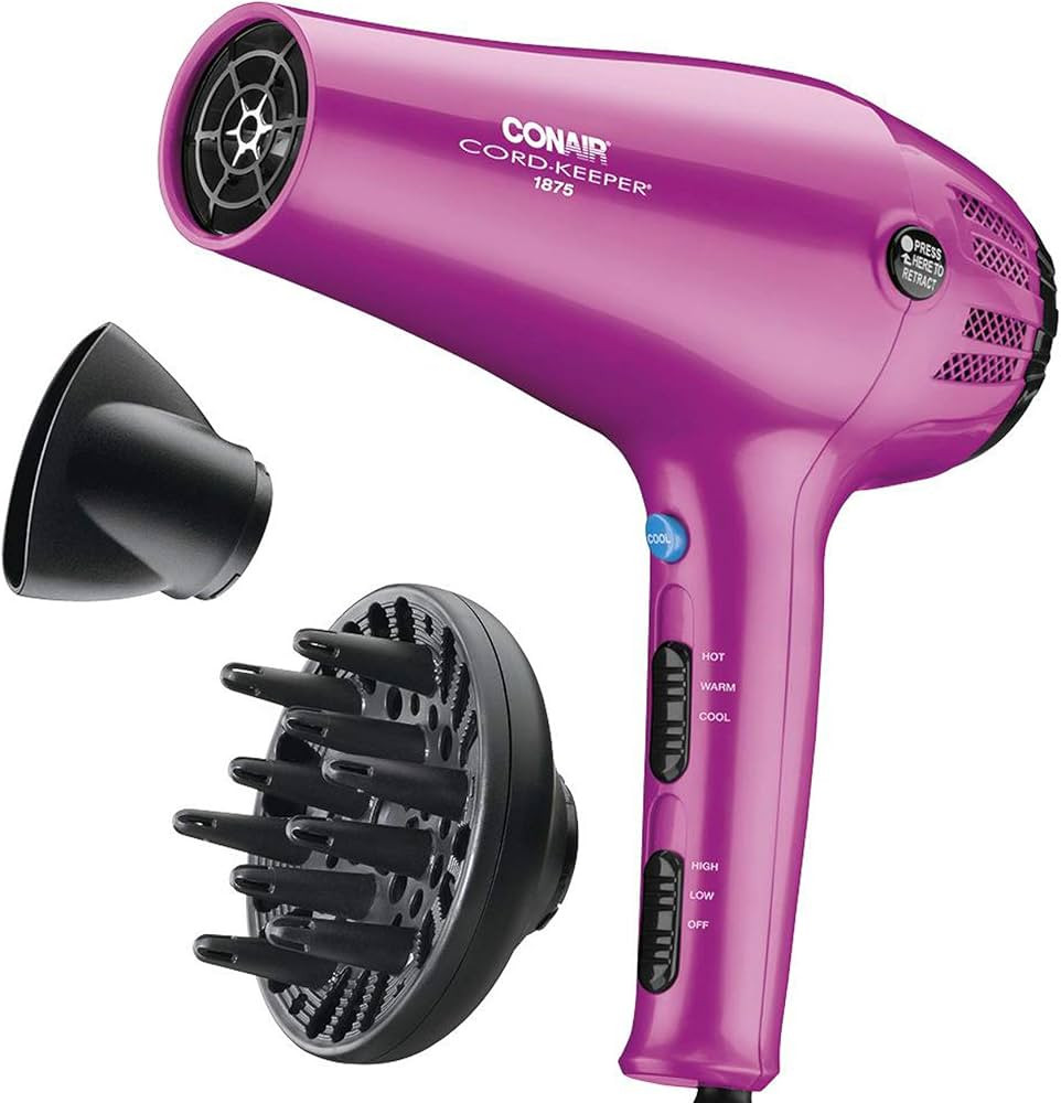 Conair Hair Dryer with Retractable Cord, 1875W Cord-Keeper Blow Dryer,Pink | Amazon (US)