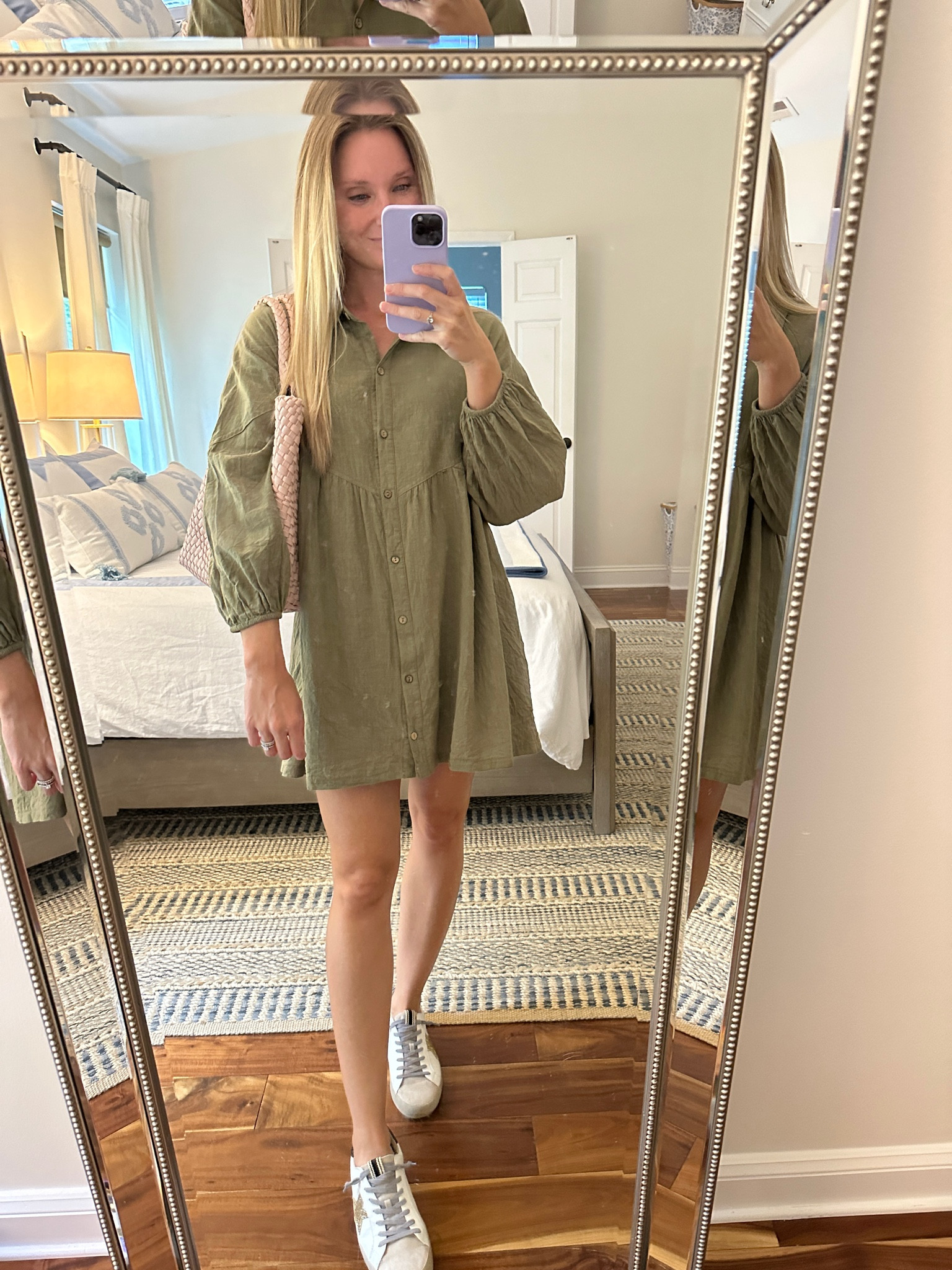 Back in this little mini green dress for dinner with friends - fall outfit - fall fashion - pink tote - casual outfit 

#LTKfindsunder50 #LTKstyletip #LTKSeasonal