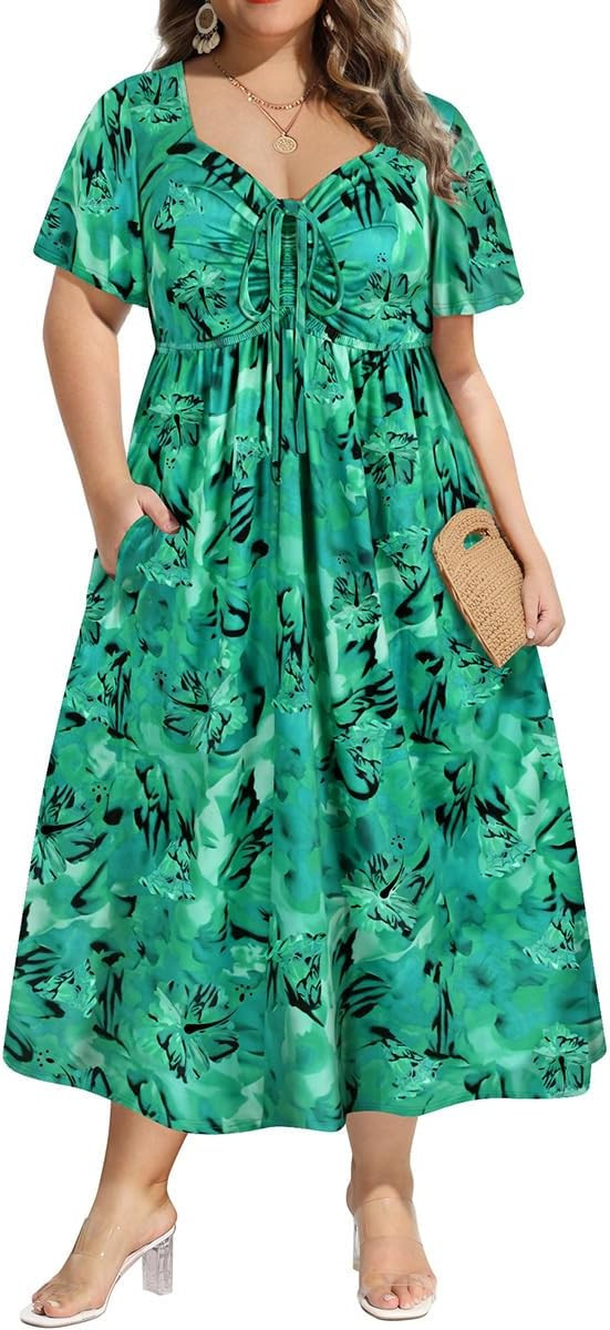 CARCOS Plus Size Dresses for Curvy Women Tie Sweetheart Neck Summer Maxi Dress Short Sleeve Empir... | Amazon (US)