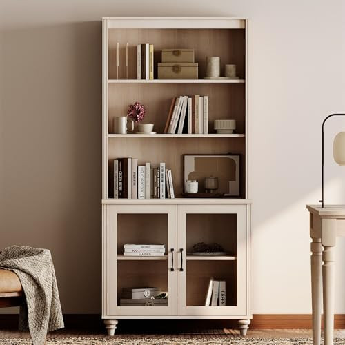 WAMPAT 5 Tier Bookshelf 72" Tall Bookcase with Glass Doors,Large Farmhouse Display Book Shelf wit... | Amazon (US)