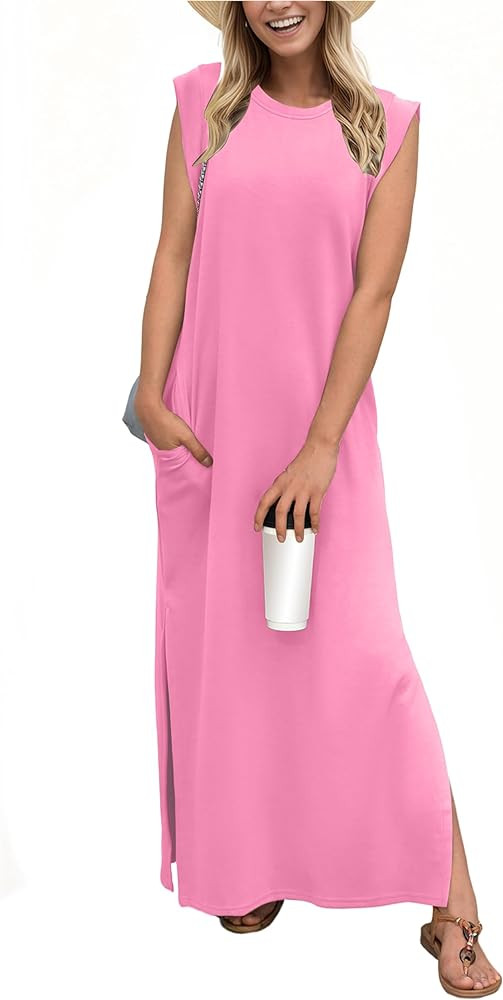 GRECERELLE 2026 Women Year-Round Casual Round Neck Loose Split Wrinkle-Free Long Maxi Vacation Dr... | Amazon (US)