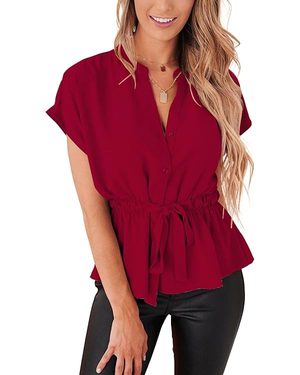 Womens Button Down Blouses Casual Peplum Summer Tops Dressy Chiffon Work Blouse | Amazon (US)