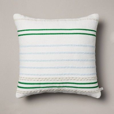 18"x18" Multi-Textured Stripe Indoor/Outdoor Square Throw Pillow Cream/Green/Light Blue - Hearth ... | Target