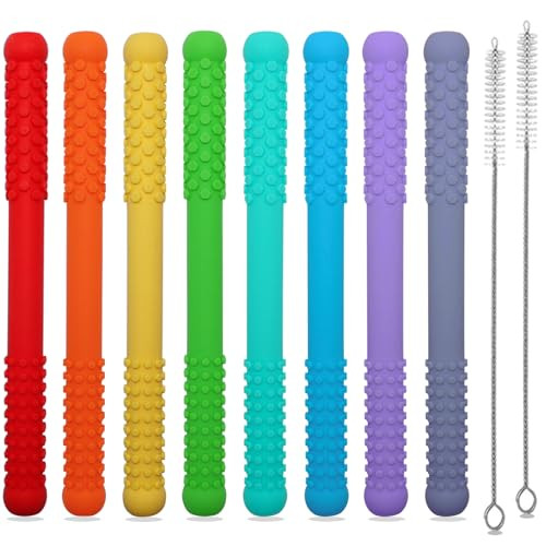 Teething Straws Sticks for Babies 6-12 12-18 Months, Hollow Teething Tubes for Infant Toddlers Nursing Biting Chewing, 8 Pack Silicone Teethers Autism Chew Toys for Sensory Kids Teething Relief | Amazon (US)