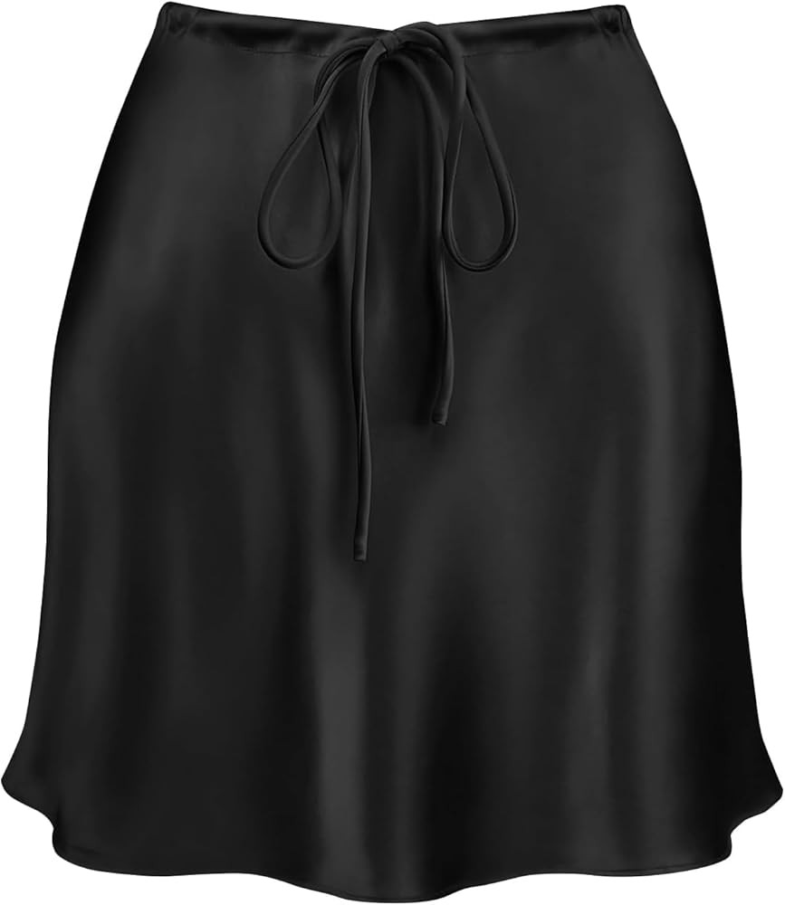 Women's Satin High Waisted Mini Skirt Drawstring A-Line Flared Flowy Casual Silk Short Skirts | Amazon (US)