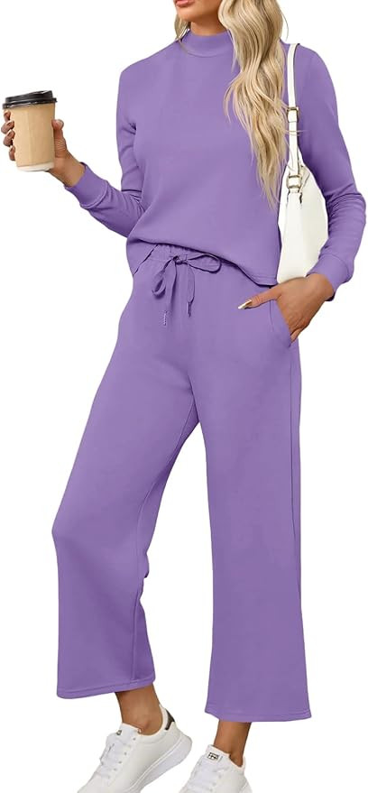 Tankaneo Womens 2 Piece Sets Mock Neck Long Sleeve Tops Wide Leg Pants Lounge Set Vacation Travel... | Amazon (US)