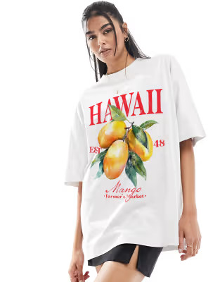ASOS DESIGN boyfriend fit t-shirt with hawaii fruit graphic in ice marl | ASOS (Global)