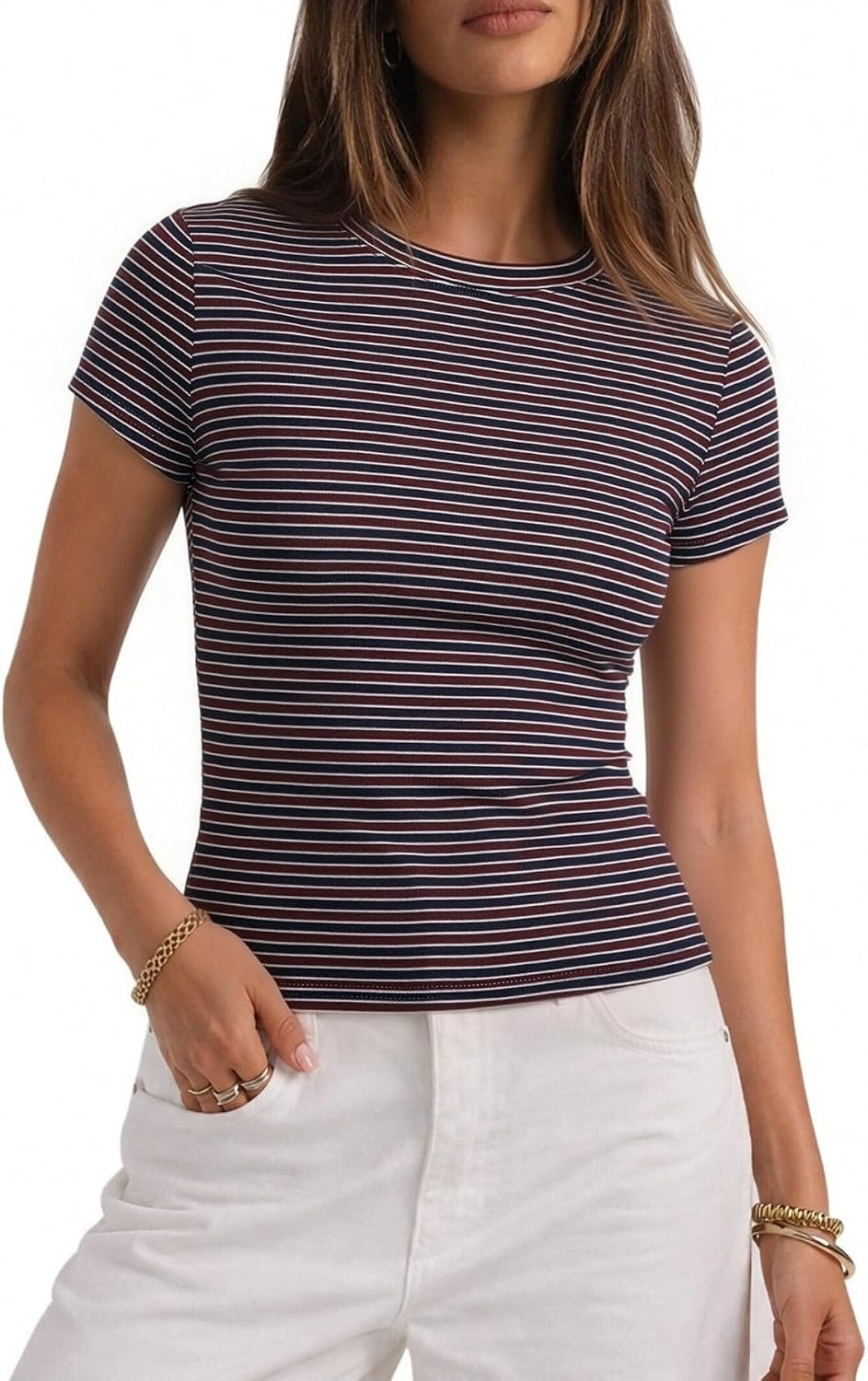CHYRII Womens Lyocell Summer Tops Striped Casual Short Sleeve T Shirts | Amazon (US)