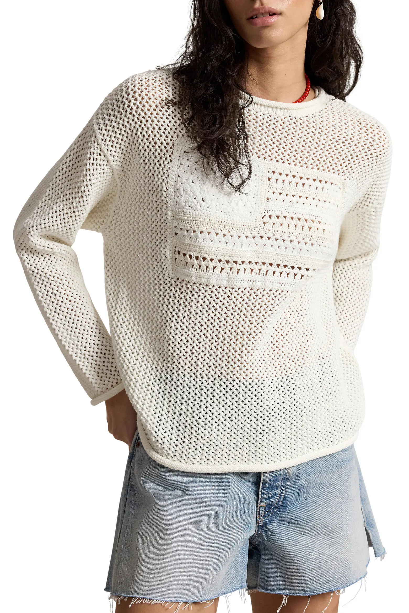 Polo Ralph Lauren Tonal Flag Mixed Open Stitch Cotton Sweater (Women) | Nordstrom | Nordstrom