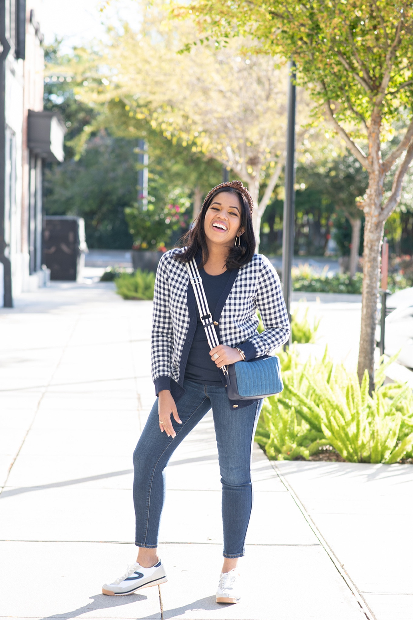 Fall Outfit - Casual Fall Outfit - Smart Casual Style - Smart Casual Style for Fall - Gingham Cardigan - Styling Denim - Crossbody Bag - Tretorn Sneakers 

#LTKstyletip #LTKSeasonal