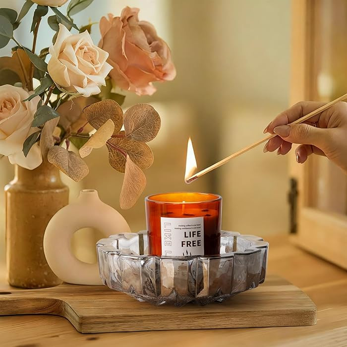 Candle Dish - Glass Candle Holders for Home Table Decor, Decorative Crystal Candle Dish Tray for ... | Amazon (US)