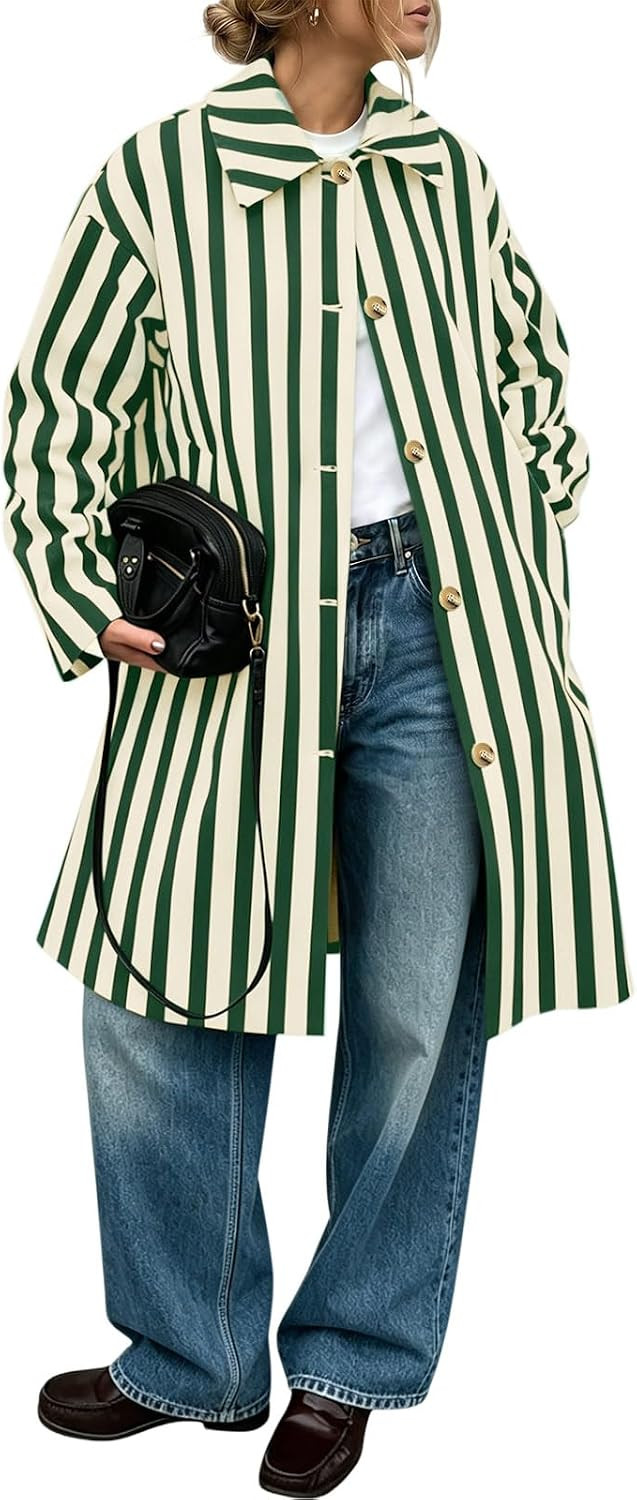 Tankaneo Womens Oversized Striped Long Trench Coats Windproof Fall Overcoat | Amazon (US)
