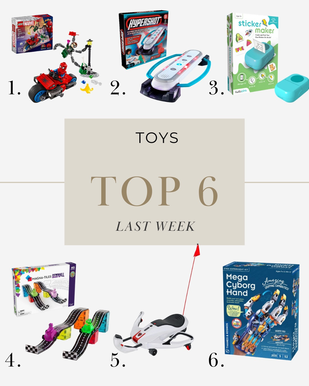 Top 6 best selling this last week!  Everything from the best electric ride on toy to sticker making, DIY robotic arms, magnet tiles and more.

#GiftForKids #GiftsForBoys #GiftForBoys #ChristmasGifts