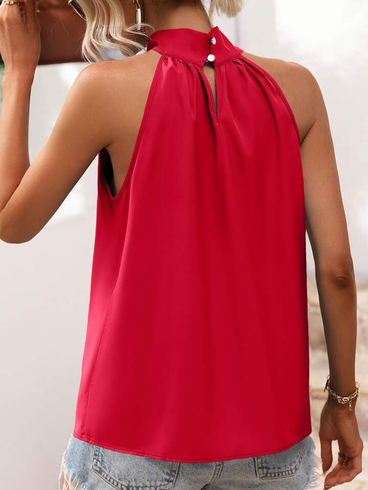 SHEIN VCAY Solid Keyhole Back Halter Neck Blouse | SHEIN