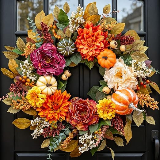 Fall Wreaths for Front Door Outside 24 Inch,Rustic Harvest Autumn Wreath | Fall Door Wreath with ... | Amazon (US)