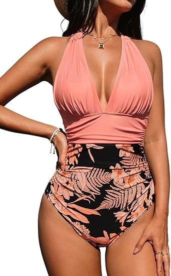 CUPSHE Women V Neck One Piece Swimsuit Halter Backless Ruched Tummy Control Bathing Suit | Amazon (US)