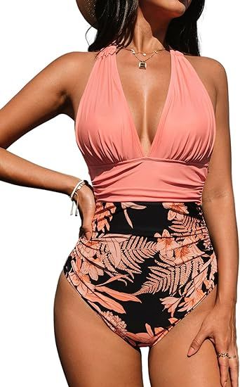 CUPSHE Women V Neck One Piece Swimsuit Halter Backless Ruched Tummy Control Bathing Suit | Amazon (US)