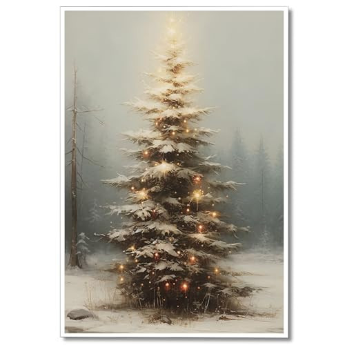 XMQQLL Vintage Christmas Tree Canvas Wall Art, Light Up Christmas Tree Painting Poster, Muted Neutral Moody Rustic Winter Picture Prints for Wall Decor, Christmas Gift Idea 24x36in Unframed | Amazon (US)