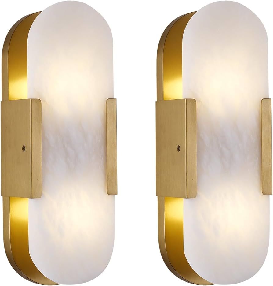 Sucelating 13.8inch Modern Alabaster Sconce Set of 2,Indoor Brass Marble Sconce Bathroom Vanity W... | Amazon (US)