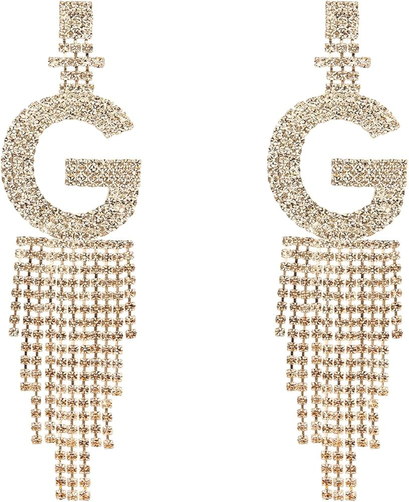 Initial Rhinestone Earrings Sparkle Alphabet Dangle Drop Earrings Clear Crystal Tassel Chandelier... | Amazon (US)