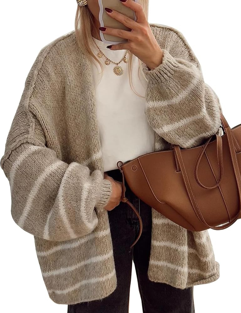 Kissonic Women's Striped Cardigan Sweaters Open Front Long Sleeve Chunky Knit Oversized Fall Swea... | Amazon (US)