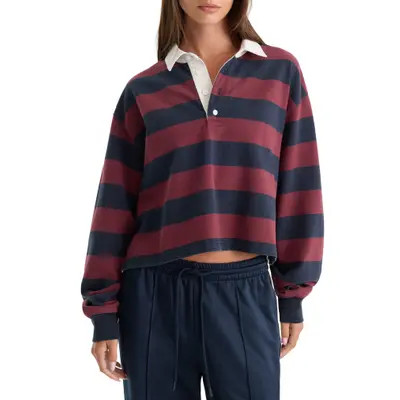 Good American The Cropped Stripe Long Sleeve Rugby Shirt in Navy Berry Noir Block Stripe at Nordstrom, Size X-Small | Nordstrom