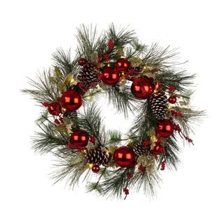Glitzhome® 24" Pre-Lit Berry, Holly, Pinecone & Red Ornament LED Wreath | Michaels Stores