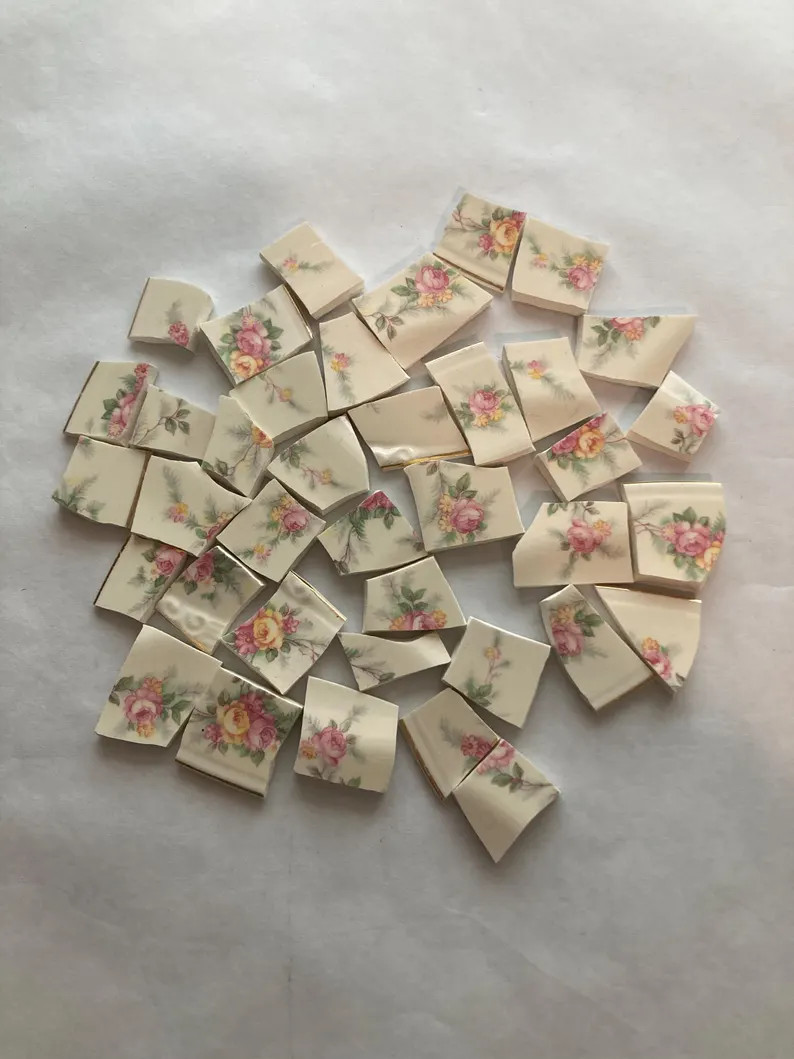 Broken China Mosaic Pieces, Pink and Green Floral Hand Cut Tiles for Art - Etsy | Etsy (Global)
