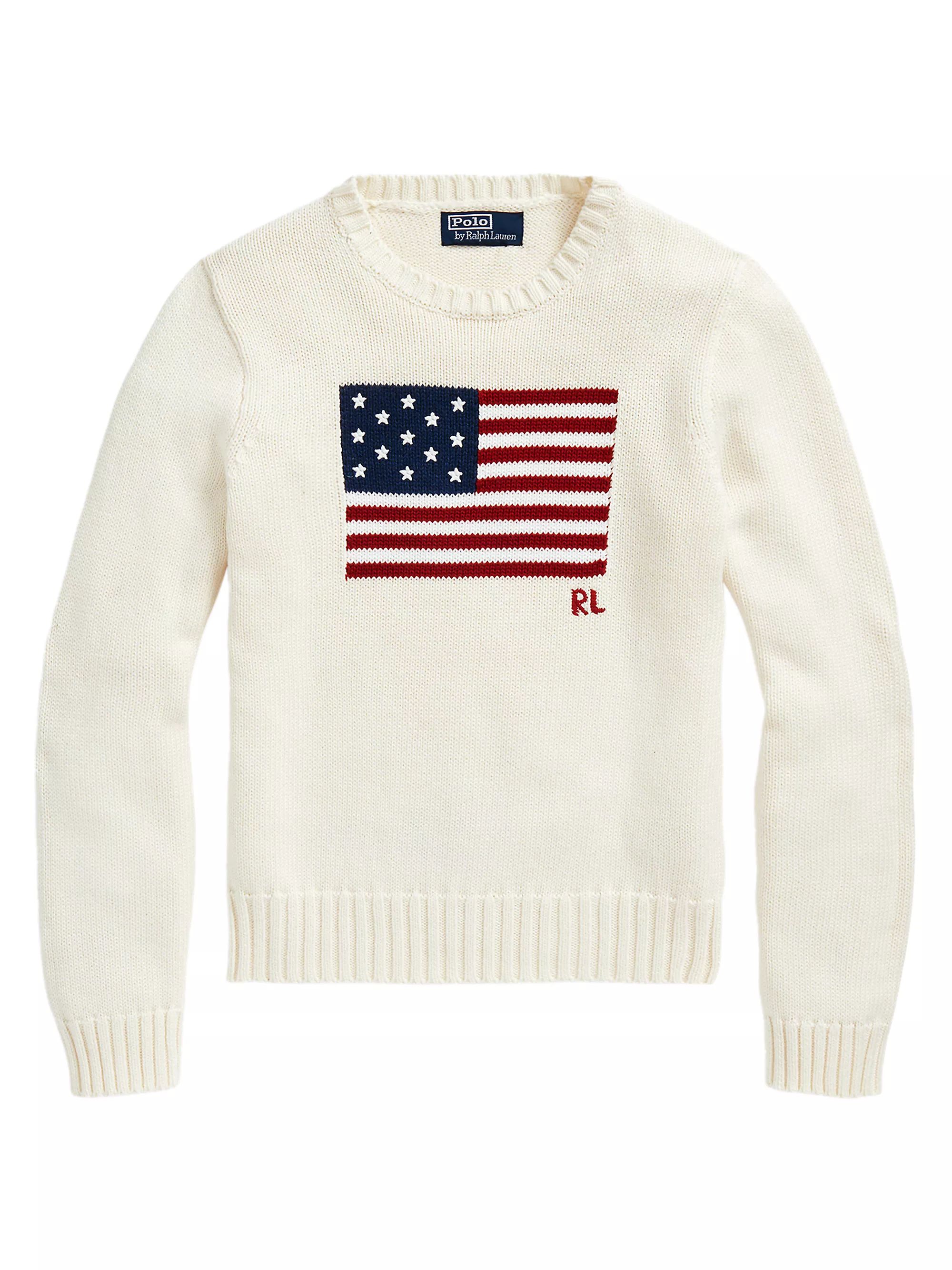 Shop Polo Ralph Lauren Flag Cotton Crewneck Sweater | Saks Fifth Avenue | Saks Fifth Avenue