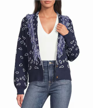 Sugarlips Bandana Printed Fringe Shawl Collared Long Sleeve Cropped Cardigan Sweater -  L | Dillard's