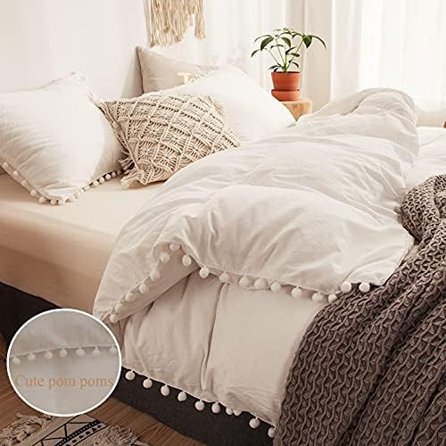 3 Pieces White Bedding Offwhite Raw White Duvet Cover Set Ball Fringe Pattern Design Soft Off White  | Amazon (US)