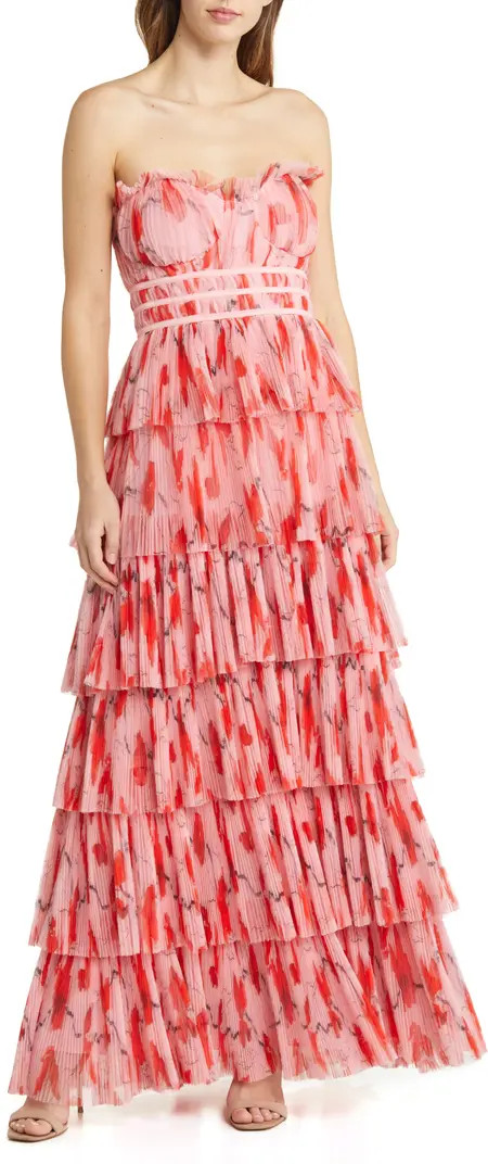 Monaco Strapless Ruffle Tiered Plissé Gown | Nordstrom